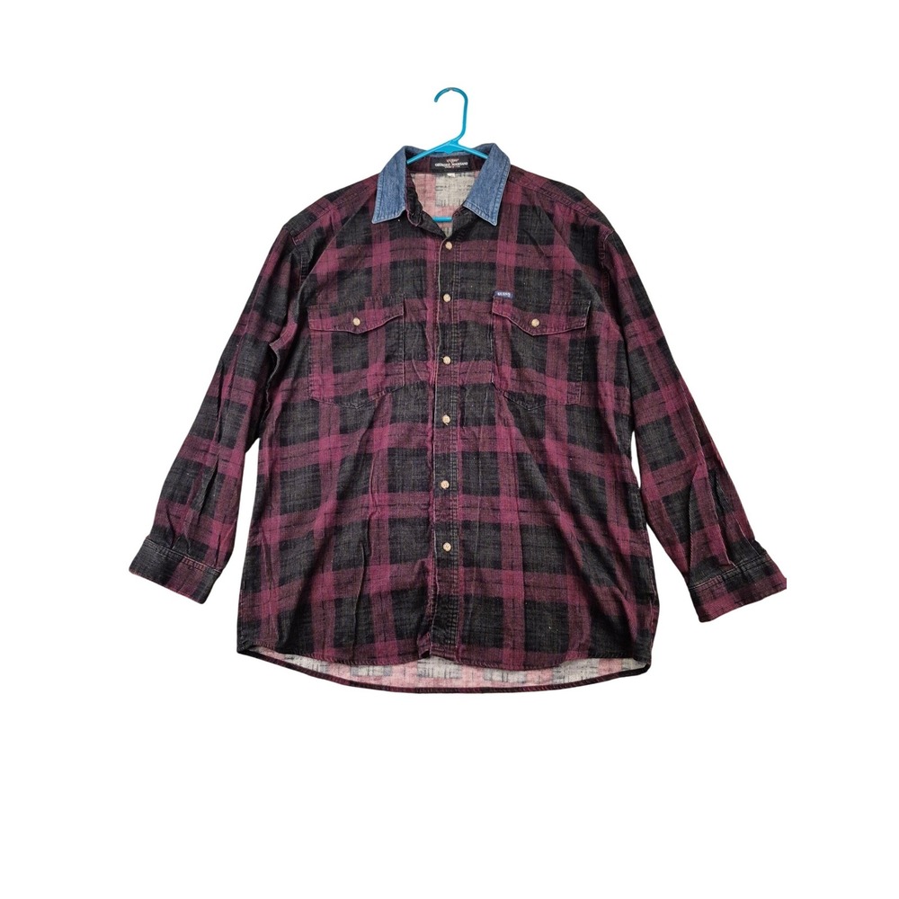 Vintage Guess Georges Marciano Plaid Corduroy Shirt Denim Collar Burgundy Mens M